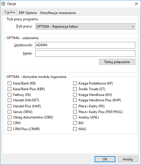 InvoiceDigitizer opcje ogólne modułu weryfikacji Arhat