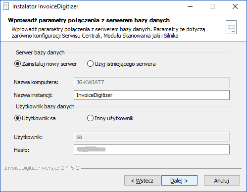 Okno połączenia serwera bazy danych InvoiceDigitizer Arhat