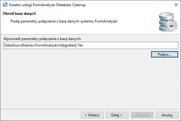 Połączenie kreatora usług FormAnalyzer Database Cleanup z bazą danych