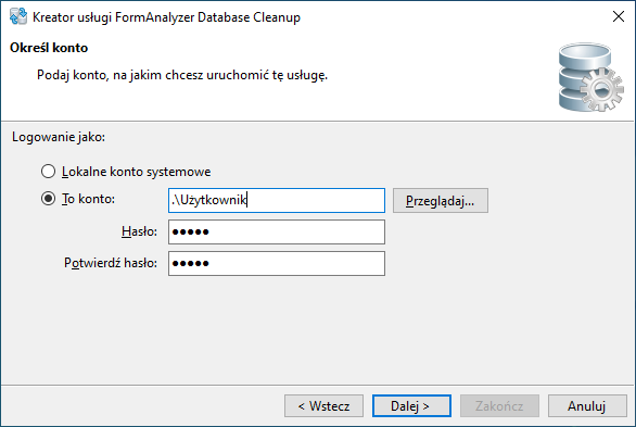 konto usługi w kreatorze usługi FormAnalyzer Database Cleanup